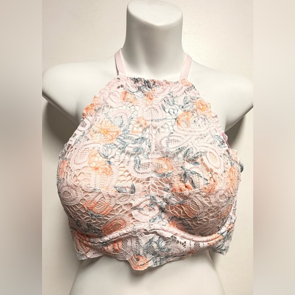 VICTORIAS SECRET PINK LACE PADDED PUSH UP BRALETTE HIGH NECK HALTER NECK BRA NWT - Picture 1 of 7